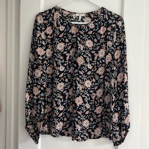 Joie Silk Long Sleeve Black Brown Floral Keyhole Top S